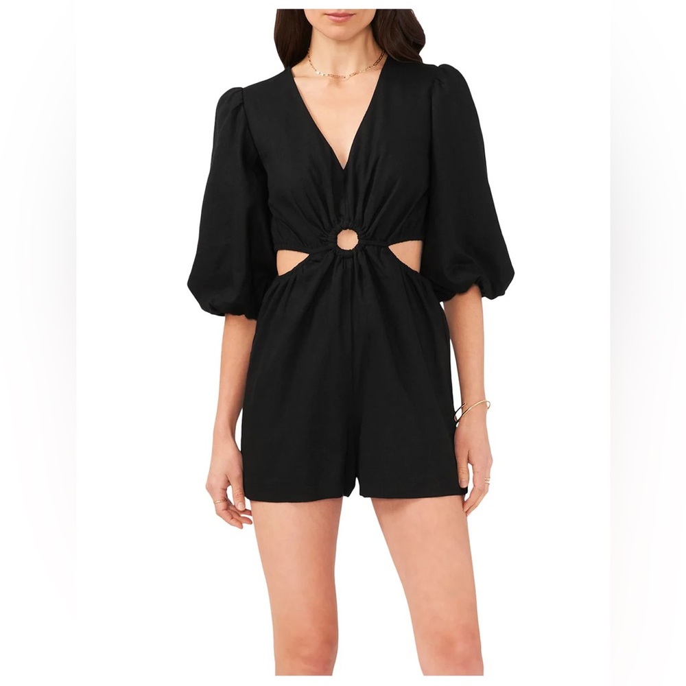 1. STATE Linen Blend Side Cutouts V-Neck Puffy Sleeves Black M Short Romper New
